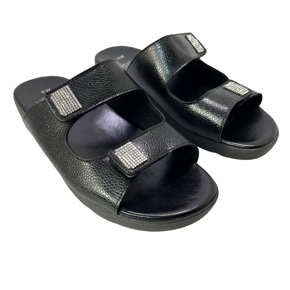 ITALIAN SHOEMAKERS Womens Black Slip Slide Sandal 9W Hook Loop Close Rhinestones